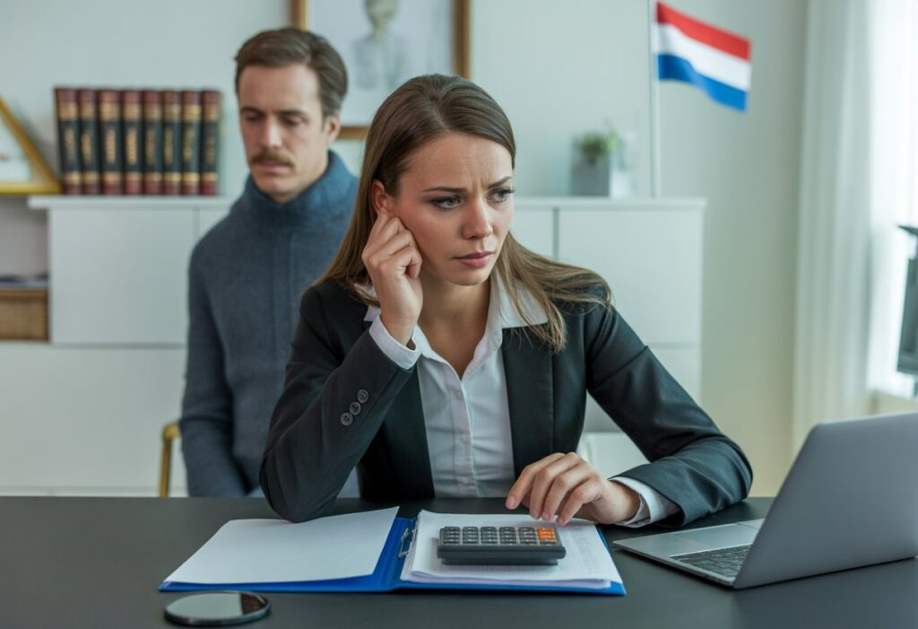 Een vrouw zit bezorgd aan een bureau met financiële en juridische documenten, terwijl een man op de achtergrond staat in een kantooromgeving.