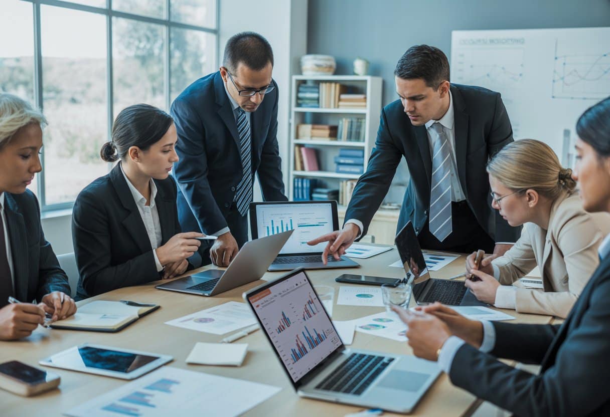 Een groep zakelijke professionals bespreekt documenten en financiële rapporten rond een vergadertafel in een modern kantoor.
