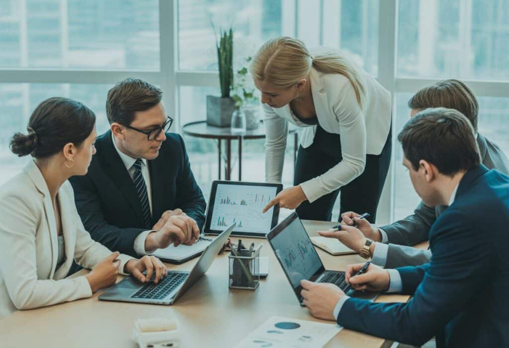 Een groep zakelijke professionals bespreekt documenten en financiële rapporten tijdens een vergadering in een modern kantoor.
