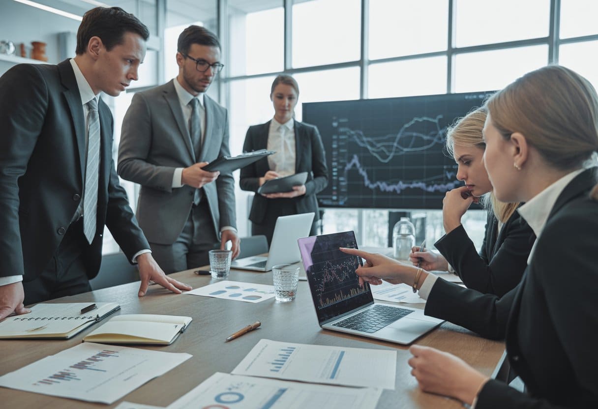 Een groep zakelijke professionals bespreekt documenten en gegevens tijdens een vergadering over due diligence bij een overname.