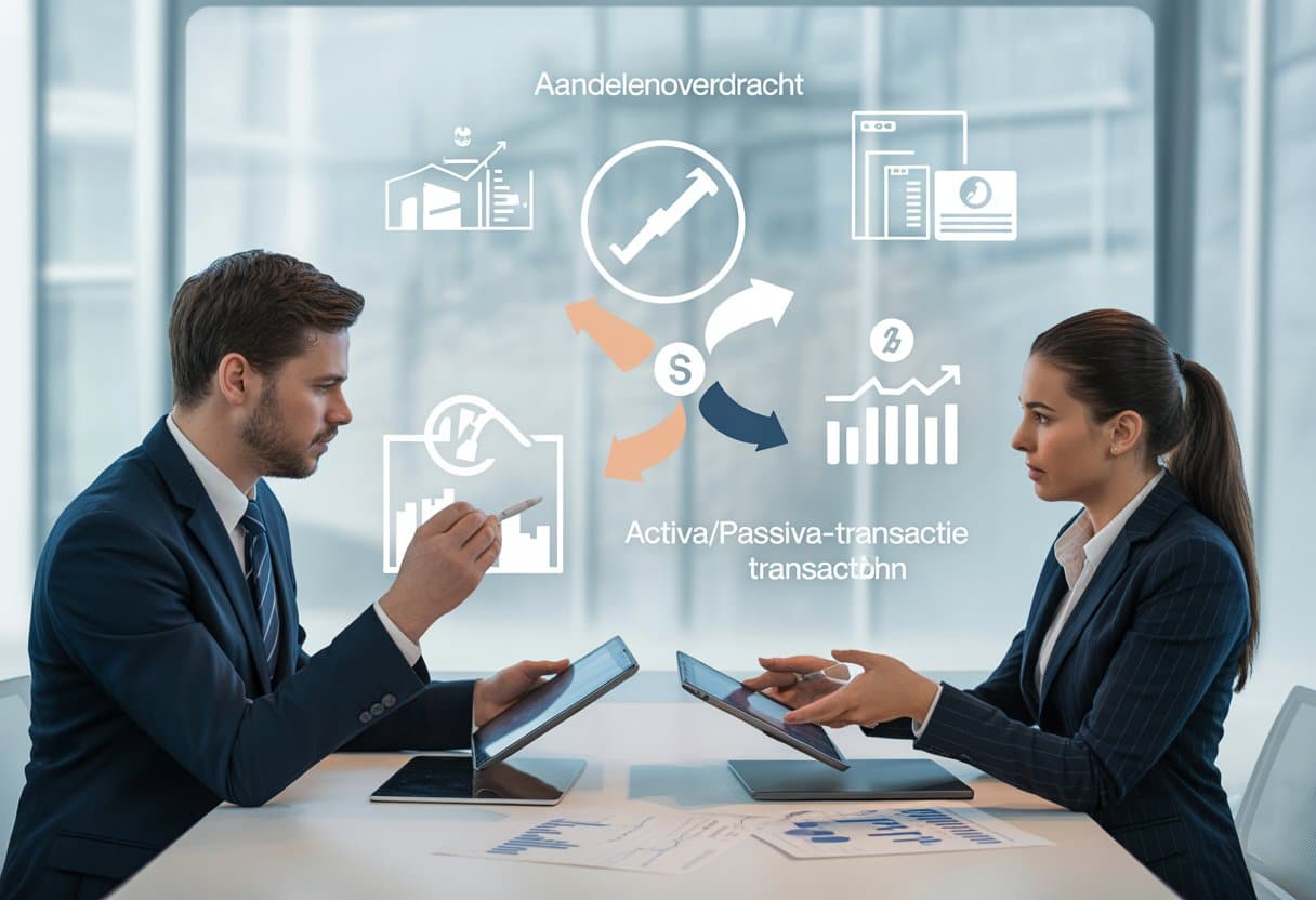 Twee zakelijke professionals bespreken documenten en financiële grafieken in een modern kantoor.