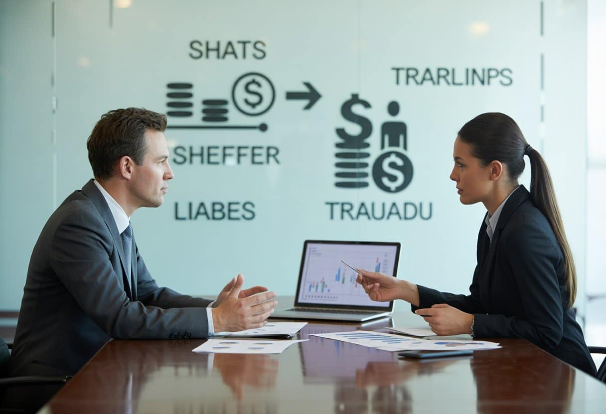 Twee zakelijke professionals bespreken documenten aan een vergadertafel met financiële grafieken en diagrammen op de achtergrond.