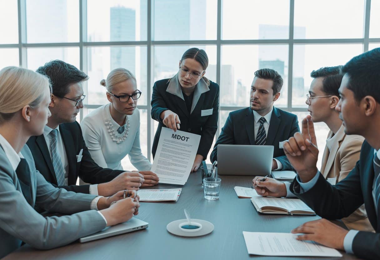 Een groep zakelijke professionals bespreekt juridische documenten tijdens een vergadering in een modern kantoor.