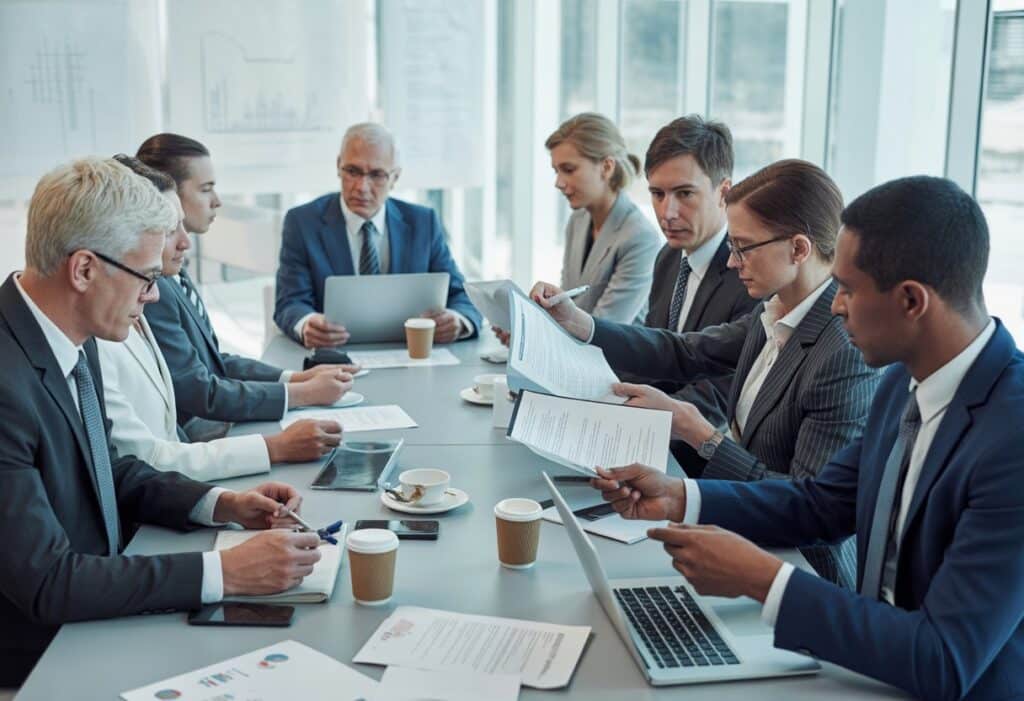 Een groep zakelijke professionals zit rond een vergadertafel in een kantoor en bespreekt documenten tijdens een formele vergadering.