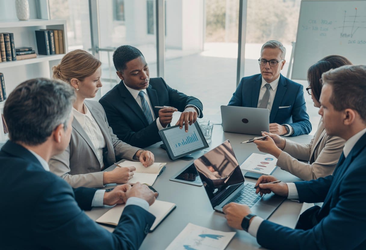 Een groep zakelijke professionals zit rond een vergadertafel in een kantoor en bespreekt documenten en grafieken tijdens een overleg.