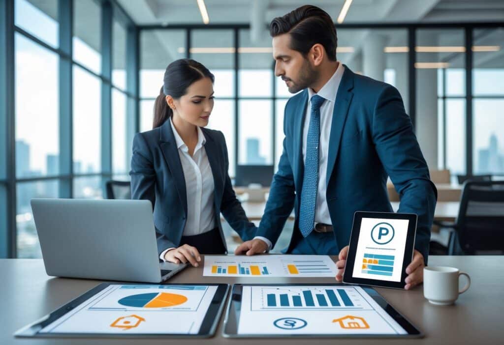 Twee zakelijke professionals bespreken documenten in een modern kantoor, met digitale schermen die intellectuele eigendomssymbolen tonen.