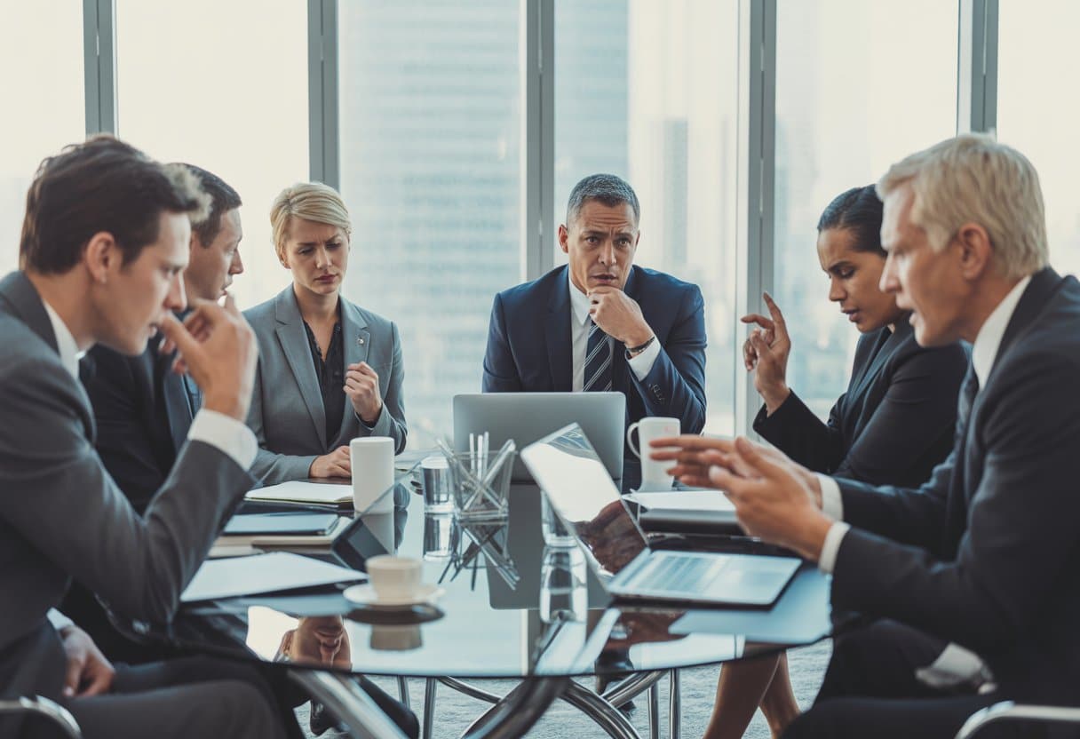 Een groep zakelijke mensen in een vergaderruimte die serieus overleggen tijdens een conflict tussen aandeelhouders en bestuur.