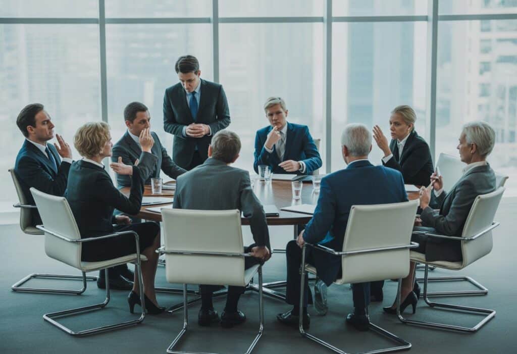 Een groep aandeelhouders en bestuurders in een vergaderruimte die serieus en geconcentreerd met elkaar in gesprek zijn.