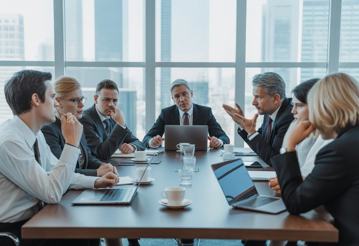 Een groep aandeelhouders en bestuurders in een vergadering rond een tafel, in gesprek over een conflict.