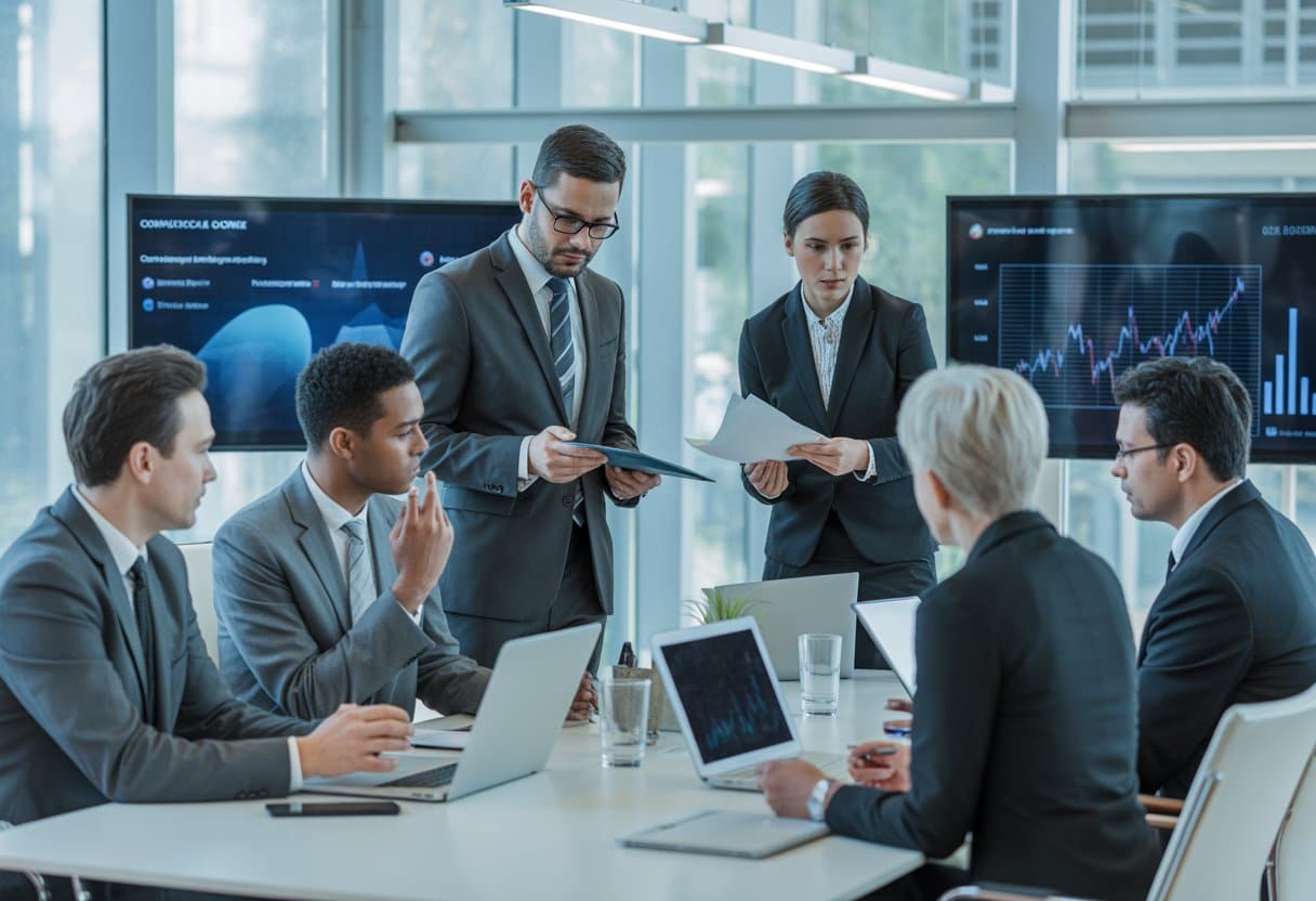 Een groep zakelijke professionals die in een moderne kantooromgeving een serieuze bespreking houden rondom een vergadertafel.