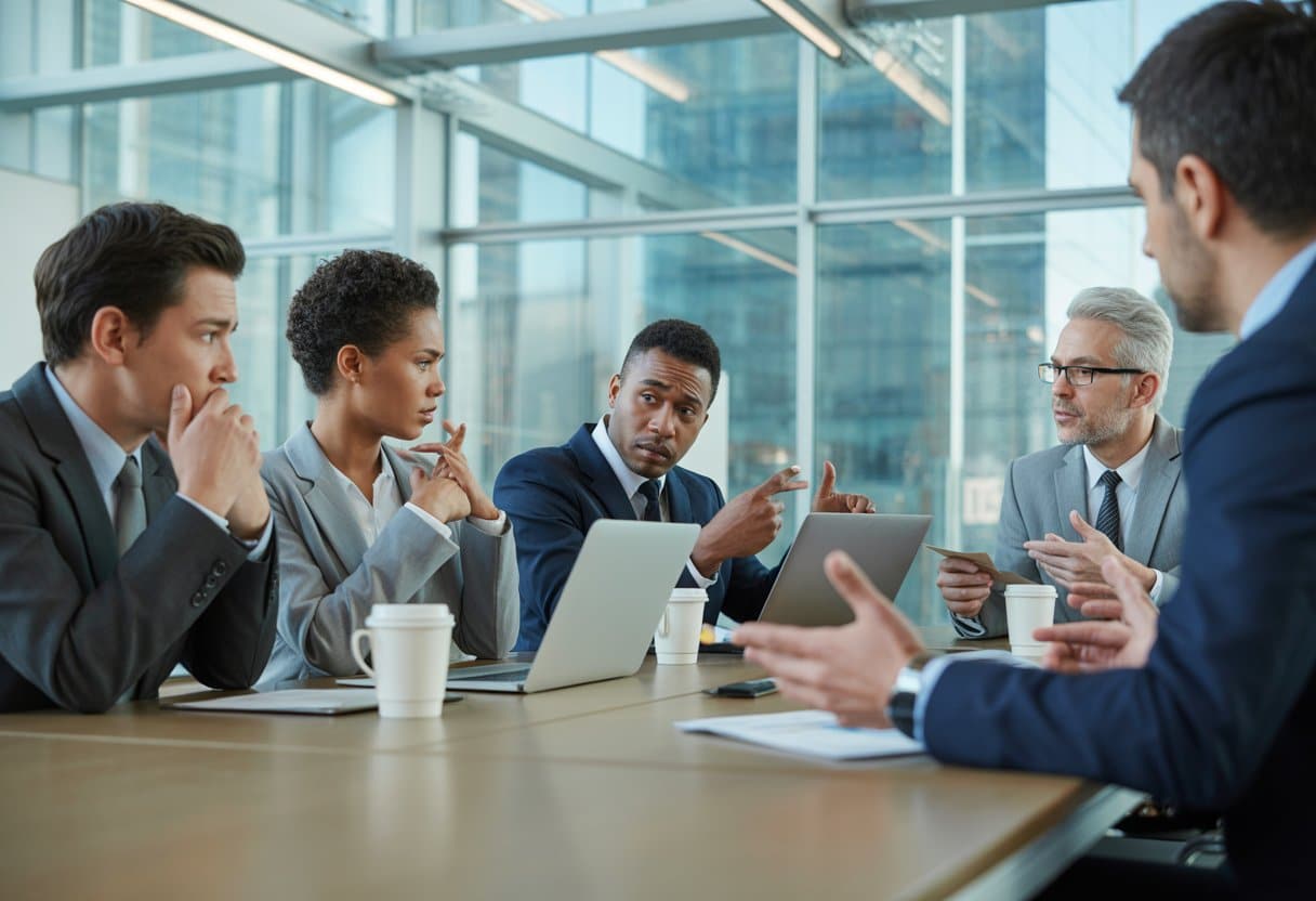 Een groep zakelijke professionals in een vergaderruimte die een serieus gesprek voeren over conflicterende belangen binnen een bedrijf.