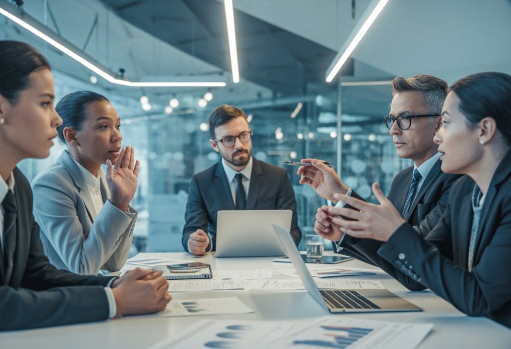 Een groep zakelijke professionals in een vergaderruimte die geconcentreerd overlegt over mogelijke belangenverstrengeling binnen een bedrijf.