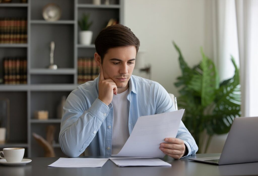 Een jonge man zit rustig aan een bureau en leest geconcentreerd een document in een thuiskantoor.