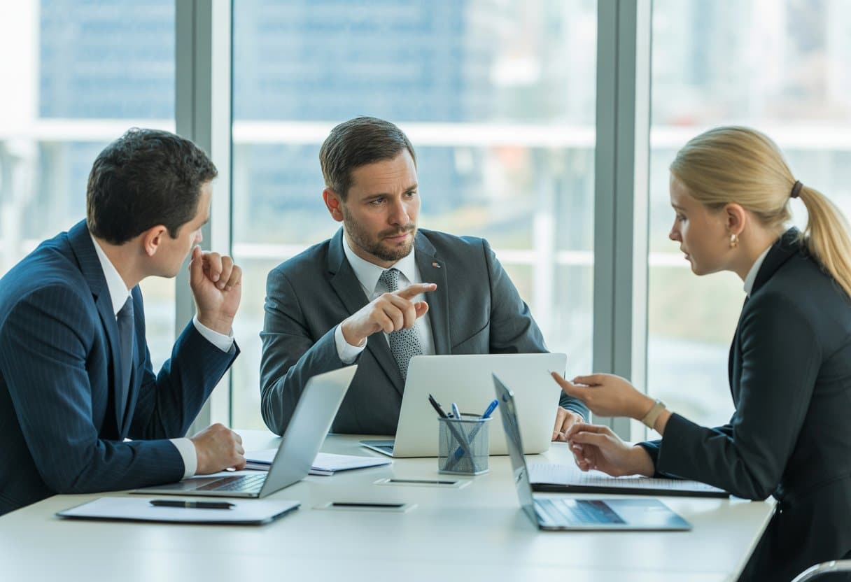 Drie zakelijke professionals zitten aan een vergadertafel in een kantoor en voeren een serieus gesprek over zakelijke conflicten.