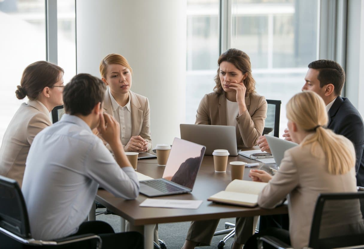 Een groep werknemers in een kantoor die een serieus gesprek voert, waarbij één persoon bezorgd kijkt en de anderen aandachtig luisteren.
