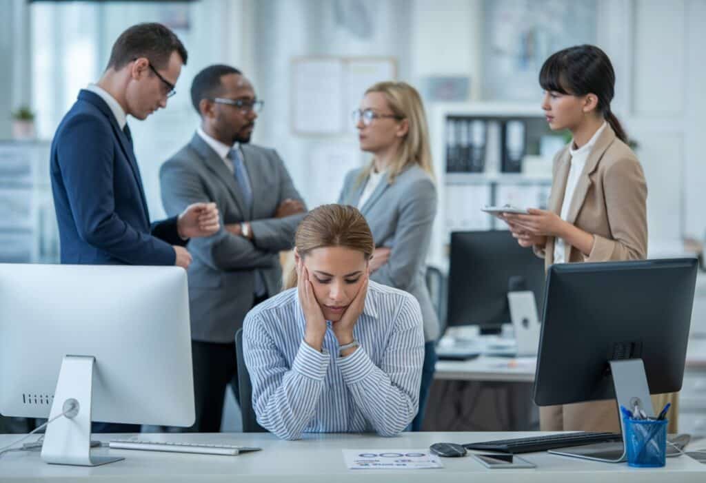 Een werknemer kijkt bezorgd en geïsoleerd terwijl collega's in een kantooromgeving met elkaar praten.