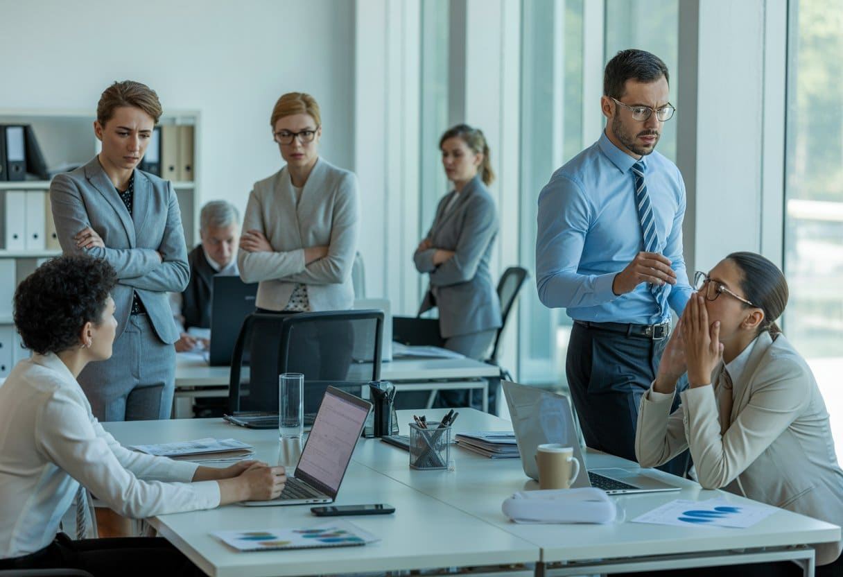 Een groep kantoormedewerkers in een moderne werkomgeving, waarbij één persoon zich buitengesloten en verdrietig voelt tijdens een vergadering.
