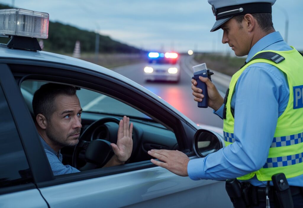 Een man in een auto die aarzelt bij een blaastest terwijl een politieagent buiten het raam staat.
