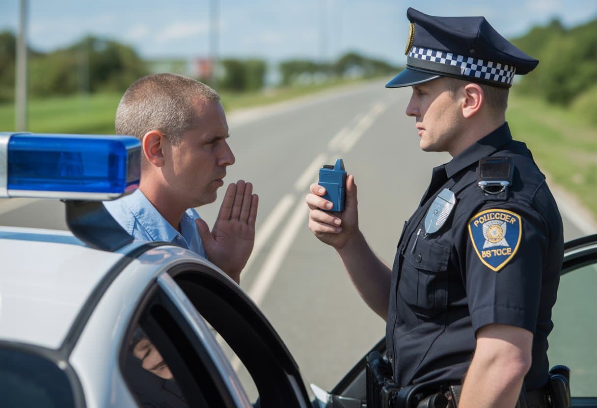 Een politieagent staat naast een auto en houdt een blaastestapparaat vast terwijl de bestuurder aarzelend lijkt.