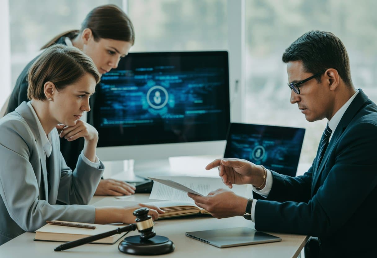 Hacken juridisch bekeken — wat mag wél, wat is strafbaar? 1 Een advocaat bespreekt juridische zaken over hacken met een cliënt in een kantoor met een computerscherm waarop digitale code te zien is.