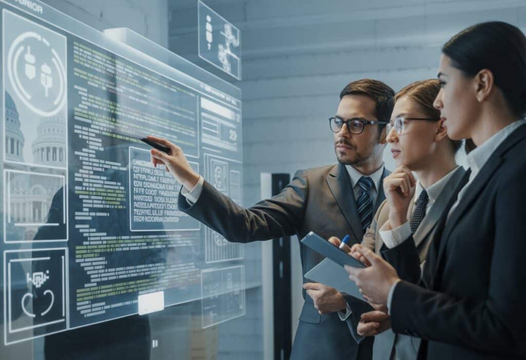 Een groep professionals in een kantoor kijkt naar een scherm met digitale data en juridische documenten, met een rechtbank zichtbaar op de achtergrond.