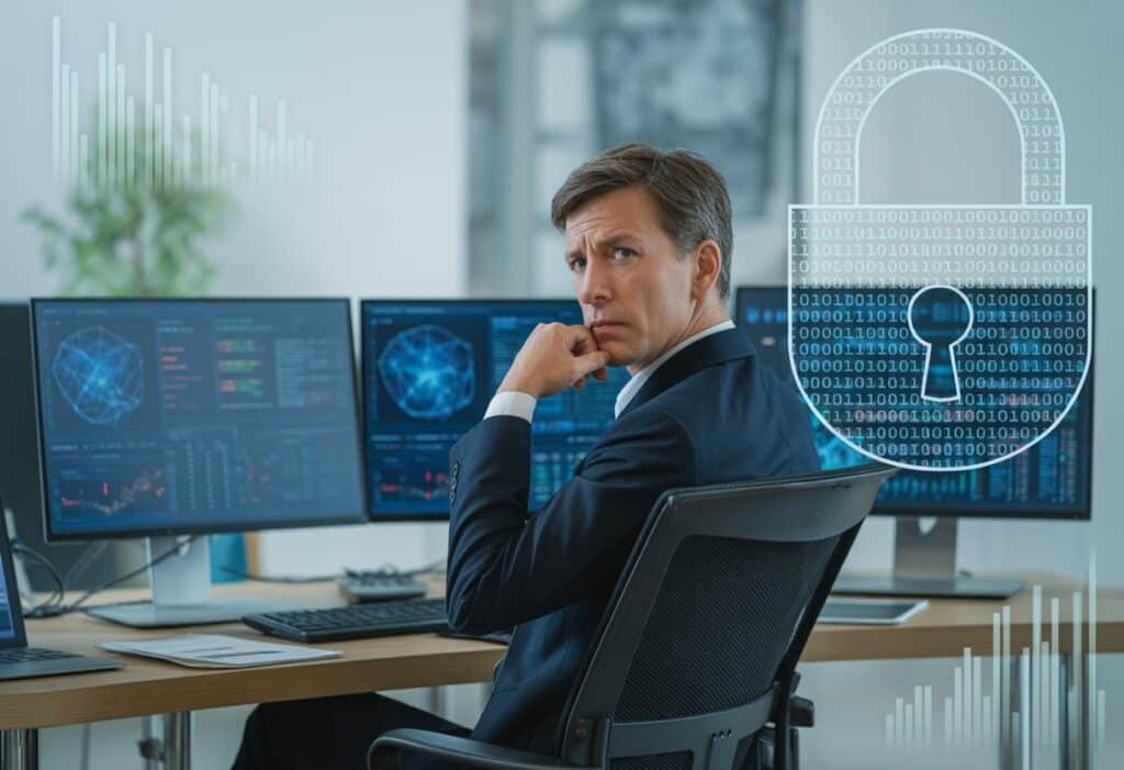 Een zakelijke professional zit aan een bureau met meerdere computerschermen en kijkt voorzichtig over zijn schouder in een moderne kantooromgeving.