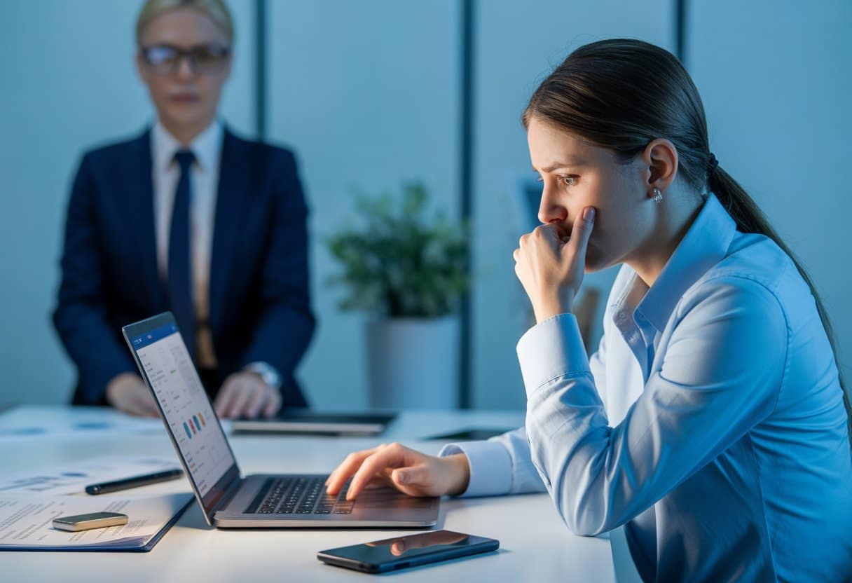 Een werknemer kijkt bezorgd achterom terwijl hij op een laptop werkt in een kantooromgeving, met een manager op de achtergrond die toekijkt.