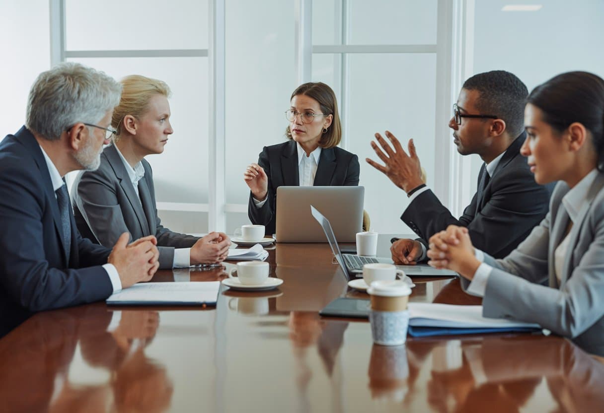 Een groep professionals zit rond een tafel in een vergaderruimte en bespreekt samen een onderwerp.