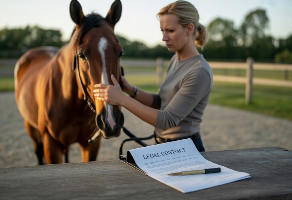 Een vrouw die bezorgd een paard vasthoudt bij een buitenstal, met een document op een houten tafel ernaast.