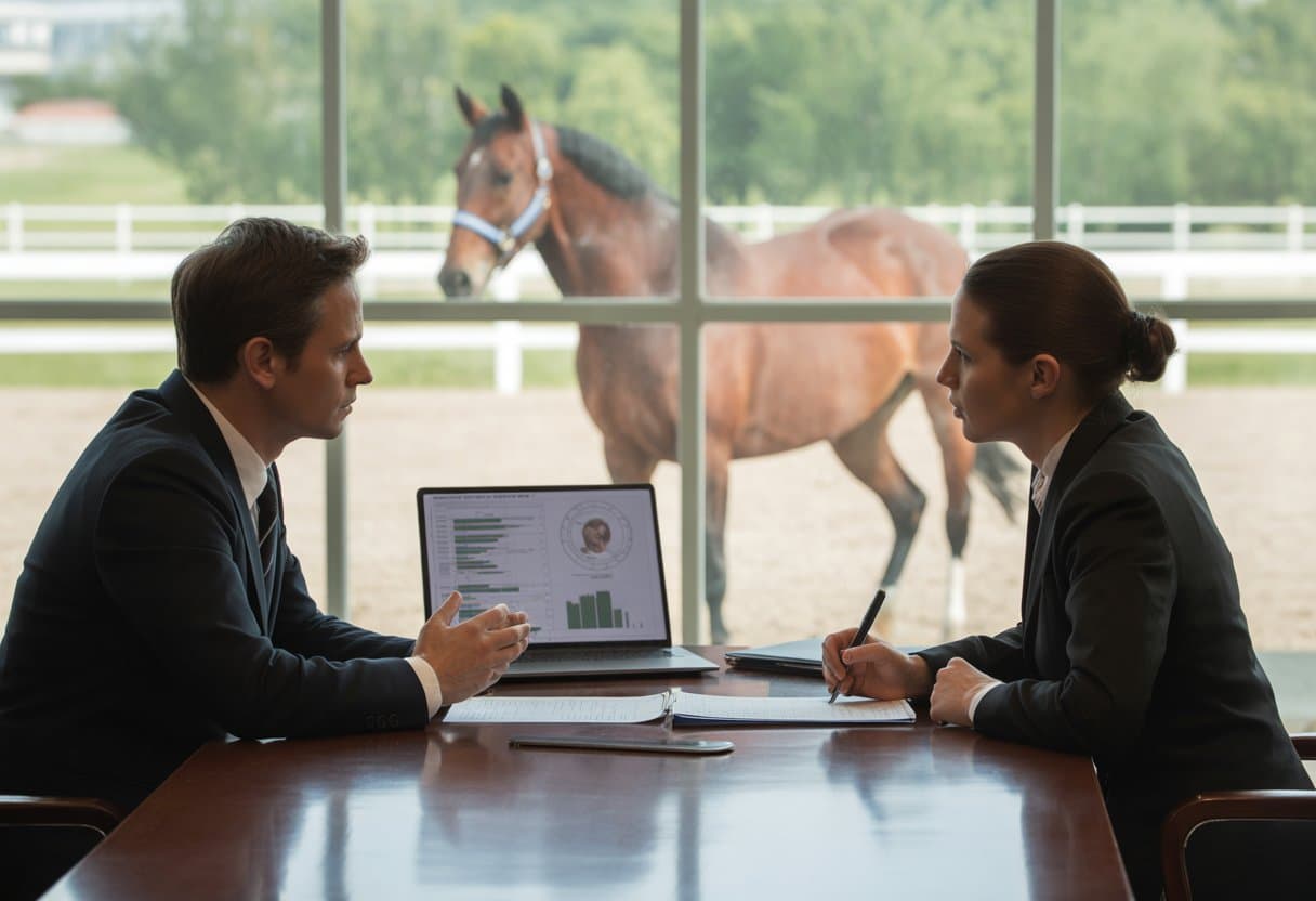 Een advocaat en een paardeneigenaar zitten aan een bureau in een kantoor, met een paard zichtbaar in de achtergrond.