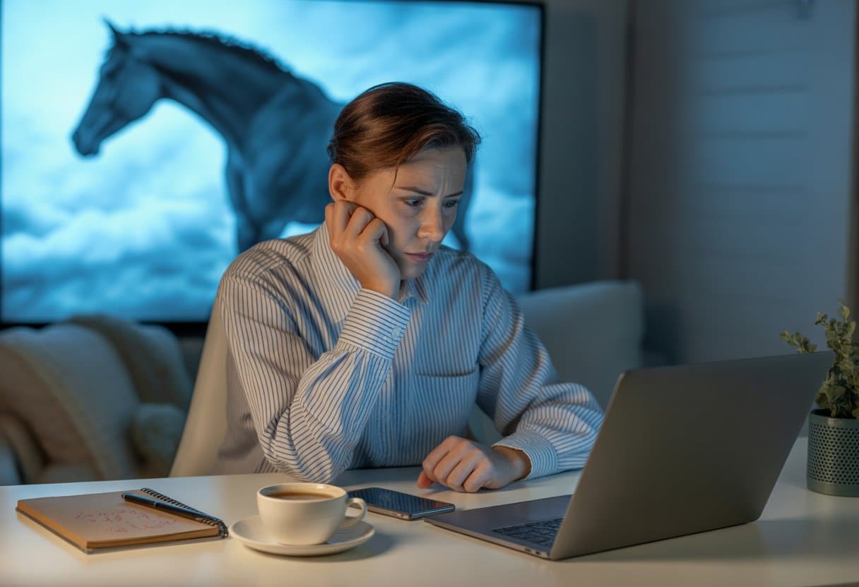 Een volwassene zit nadenkend aan een bureau met een laptop en notities, op de achtergrond is vaag de contour van een paard zichtbaar.