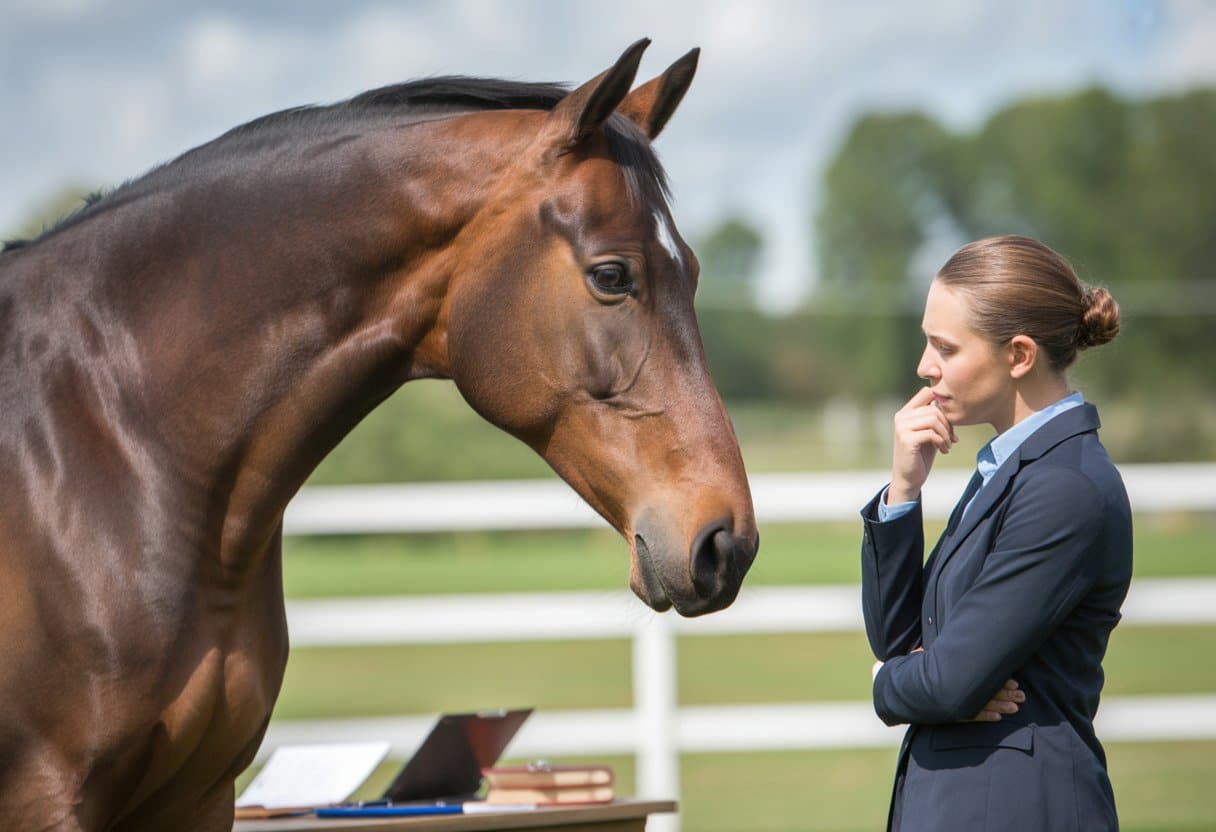 Een persoon kijkt aandachtig naar een paard dat rustig buiten staat bij een stal.