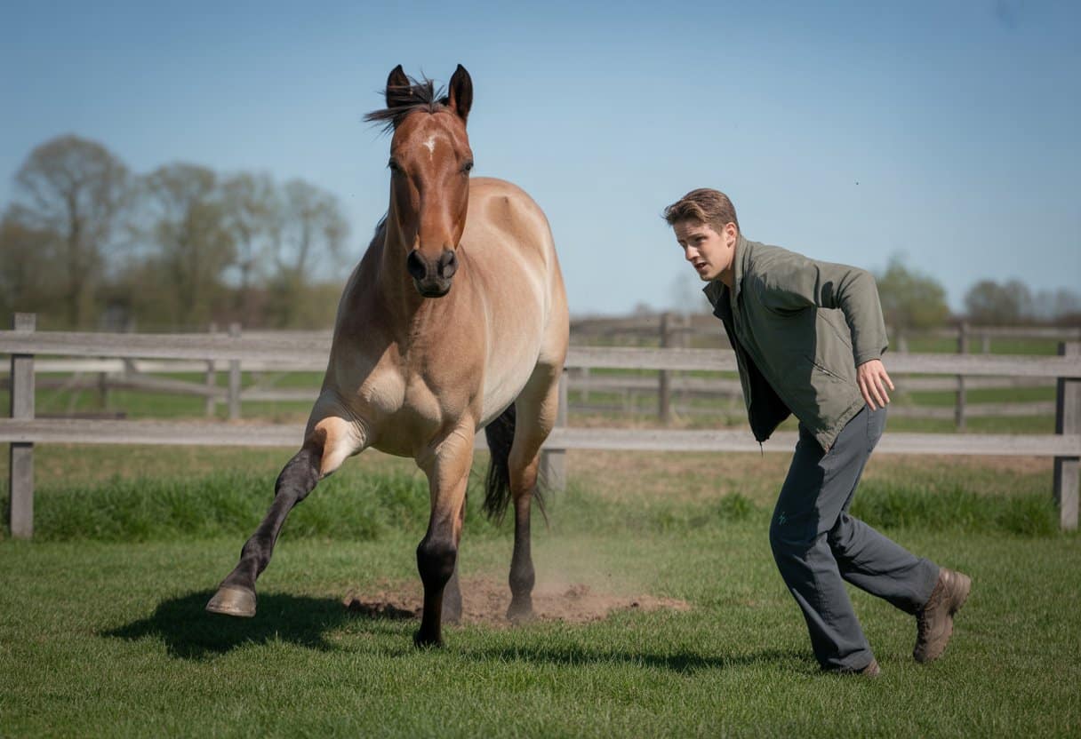 Een persoon die achteruit stapt terwijl een paard op de achtergrond met een voorbeen omhoog staat, in een buitenomgeving.