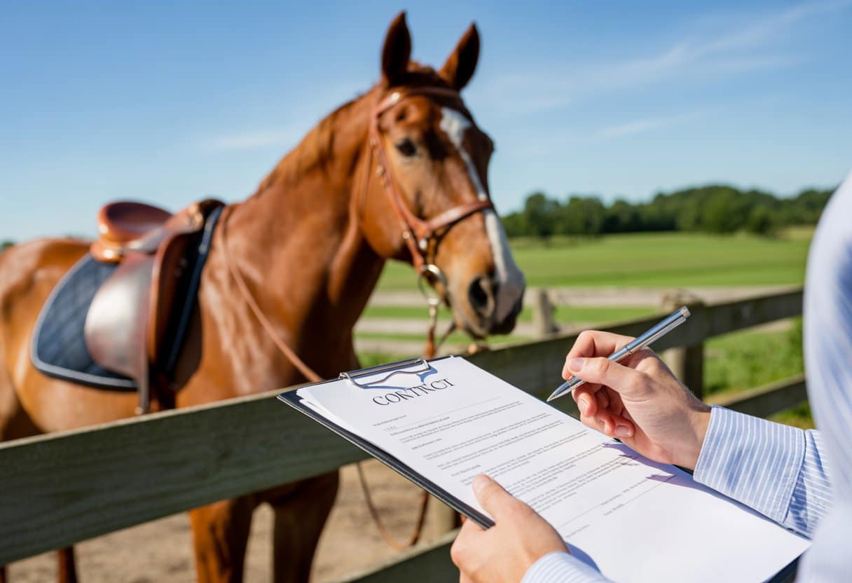 Een persoon tekent een contract terwijl een zadel op een paard ligt, buiten bij een houten hek en groene weide.