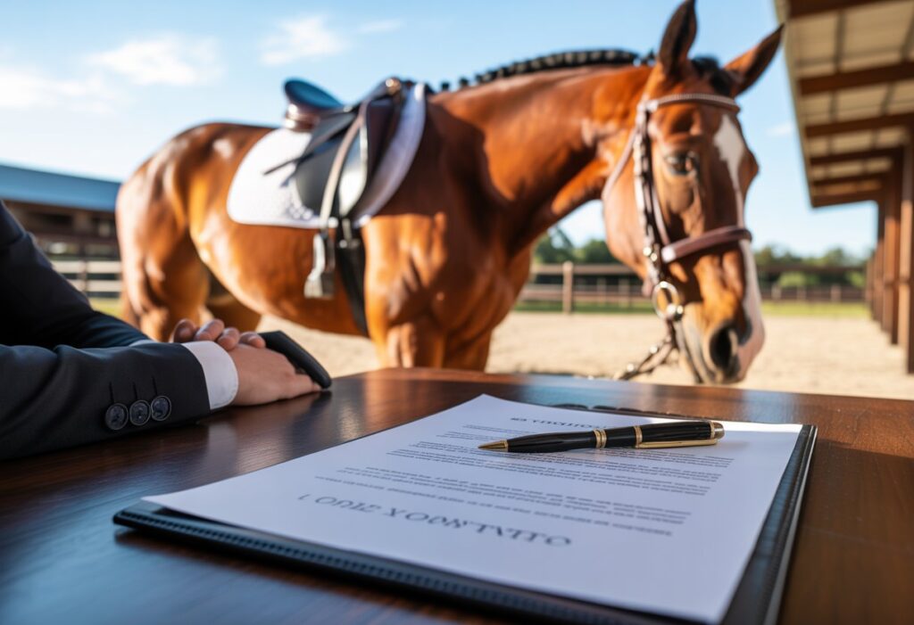 Een persoon zit aan een tafel bij een stal met een contract en pen, terwijl een paard met zadel rustig staat.