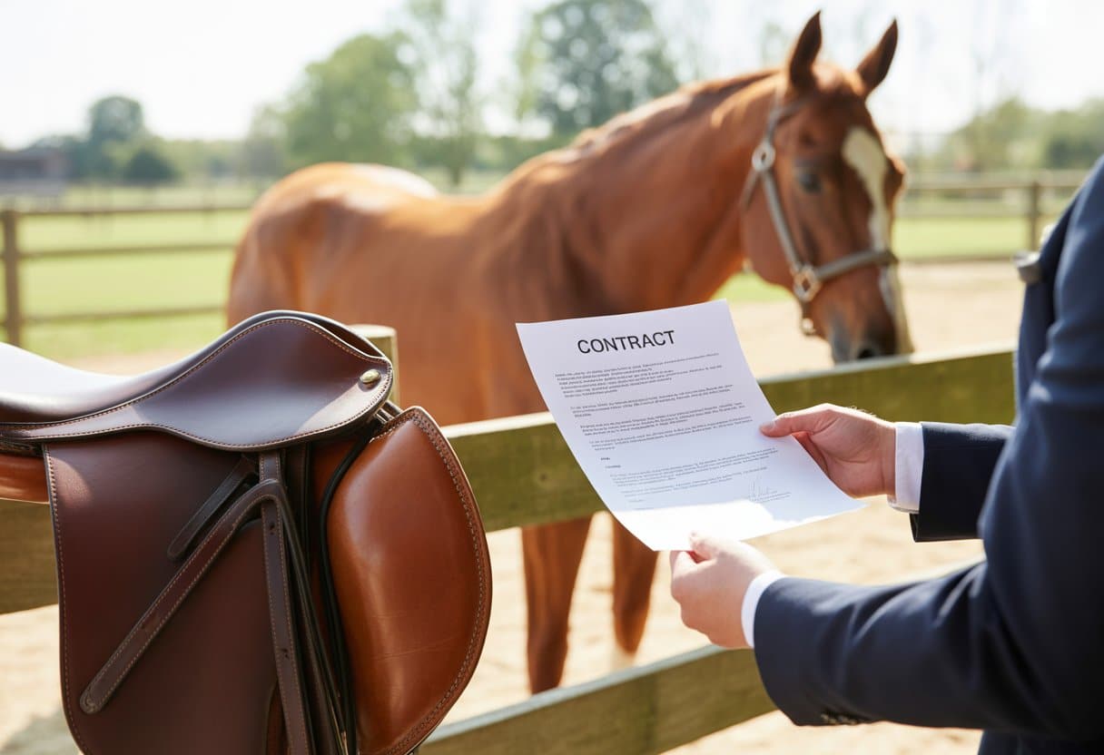 Twee personen wisselen een contract uit bij een paard in een stal met een zadel op een hek.