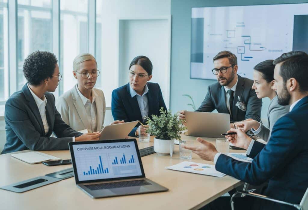 Een groep zakelijke professionals in een vergaderruimte die samen overleggen aan een tafel met documenten en laptops.