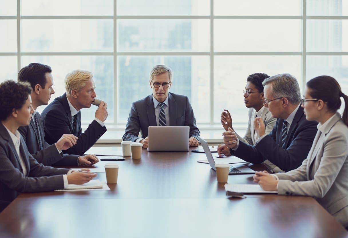 Een groep zakelijke professionals in een vergaderruimte die samen overleggen rond een grote tafel.