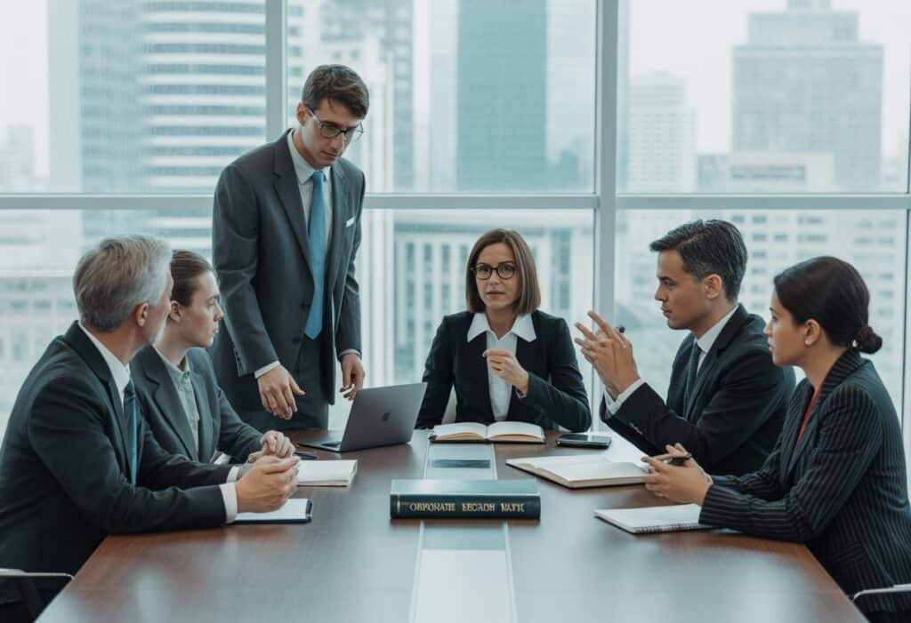 Een groep zakelijke professionals bespreekt documenten rond een vergadertafel in een modern kantoor.