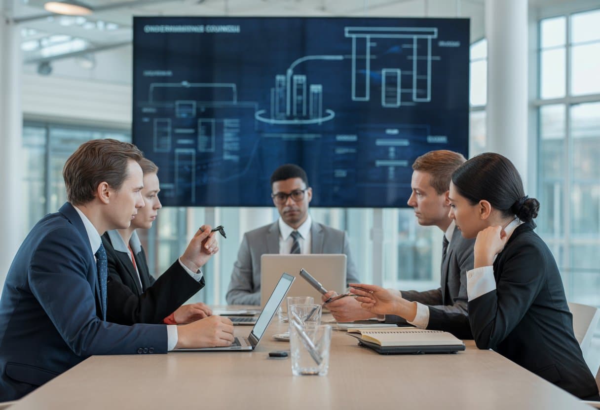 Een groep zakelijke professionals in een vergaderruimte die een formele bespreking voeren rondom een tafel met laptops en documenten.
