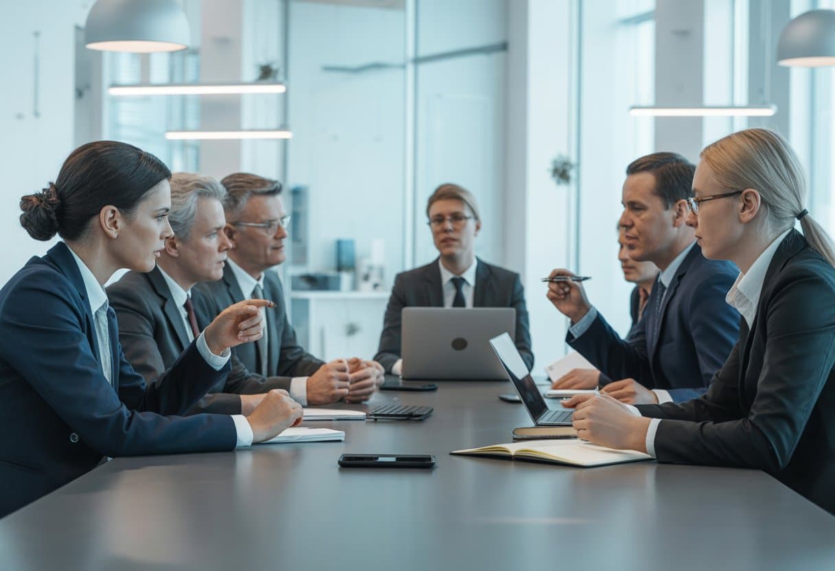 Een zakelijke vergadering met diverse professionals die rond een tafel zitten en overleggen in een modern kantoor.