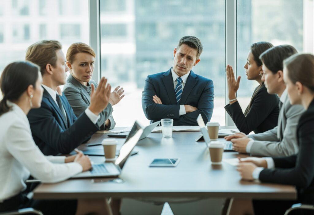 Een groep zakelijke professionals zit rond een vergadertafel, waarbij één persoon duidelijk onenigheid toont terwijl de anderen luisteren.