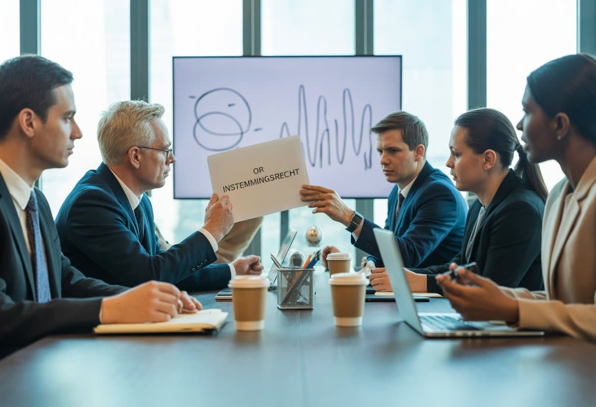 Instemmingsrecht van de OR: wanneer mag de werkgever niet zomaar beslissen? 2 Een zakelijke vergadering waarbij mensen in formele kleding rond een tafel zitten en over documenten overleggen.