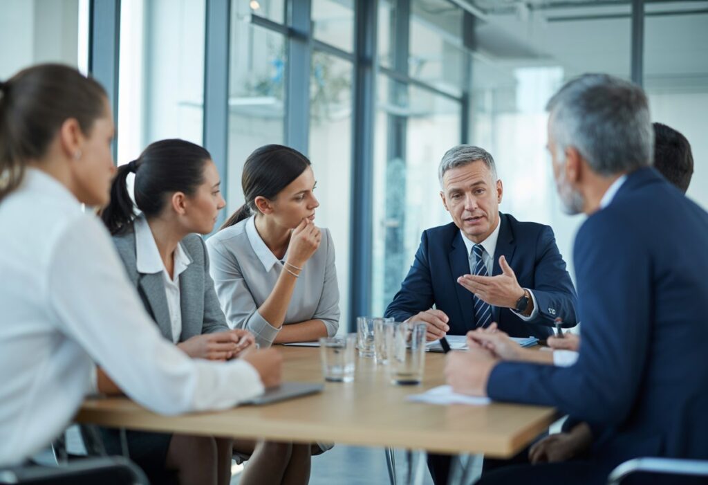 Een groep werknemers en een werkgever zitten rond een vergadertafel in een kantoor en bespreken belangrijke beslissingen.
