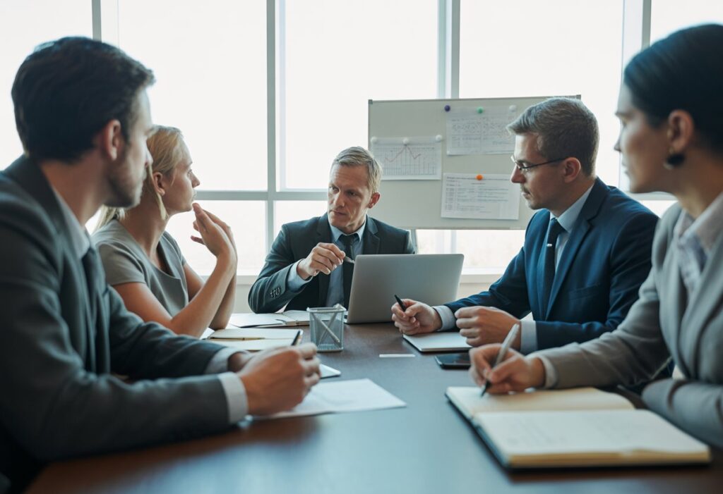 Een groep professionals zit rond een vergadertafel in een kantoor en bespreekt documenten tijdens een formele vergadering.