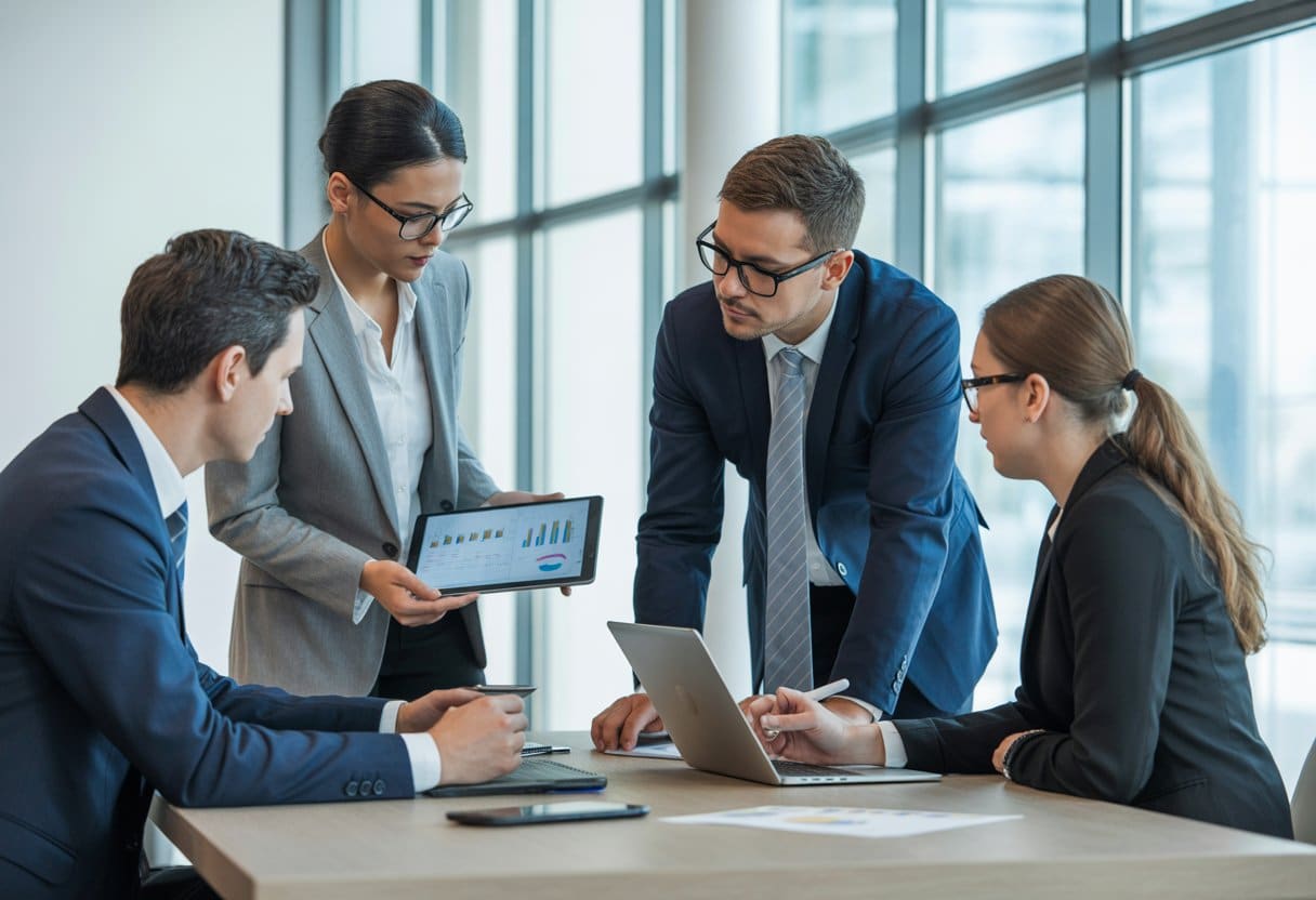 Vier zakelijke professionals in een vergaderruimte overleggen samen aan een tafel met documenten en laptops.