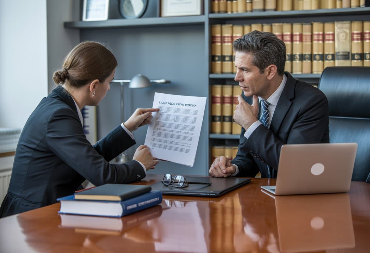 De juridische redenen waarom schadeclaims vaak worden afgewezen: compleet overzicht 1 Een advocaat en een cliënt zitten aan een bureau in een kantoor en bespreken juridische documenten.
