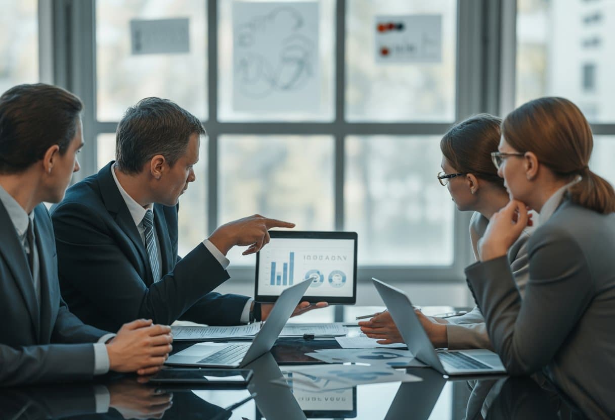 Een groep professionals bespreekt serieus een probleem tijdens een vergadering in een modern kantoor.