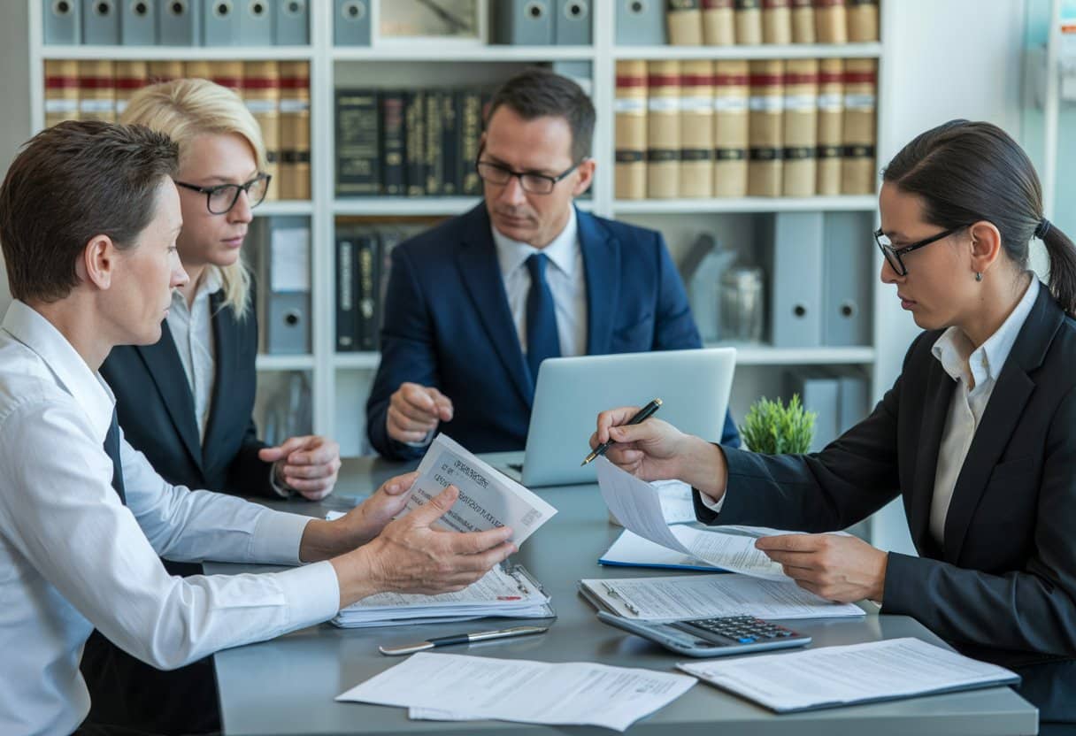De juridische redenen waarom schadeclaims vaak worden afgewezen: compleet overzicht 2 Een groep professionals bespreekt verzekeringsclaims aan een bureau met documenten en een laptop.
