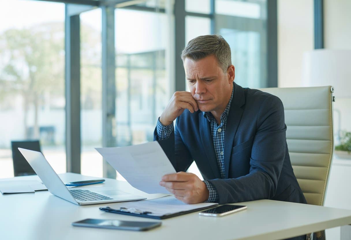Man zit aan bureau in kantoor en bekijkt documenten met een bezorgde blik.